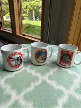 Vintage FMC Defense Military White Ceramic Mugs with Red Gold Logo